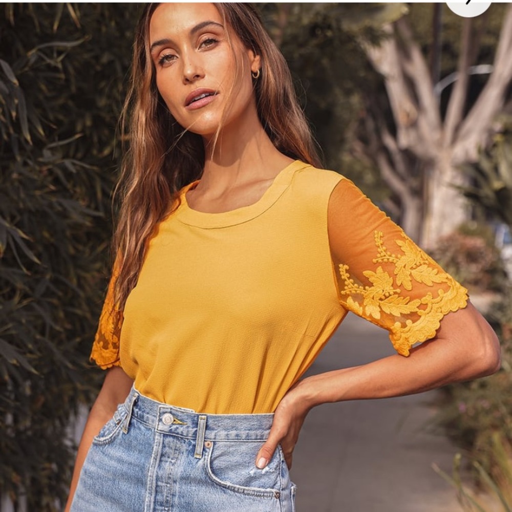Lisa Marie Mustard Yellow Embroidered Sleeve Top